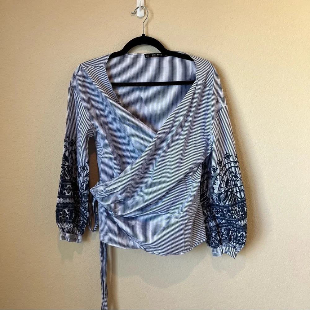 Zara Striped Embroidered puff sleeve Wrap blouse